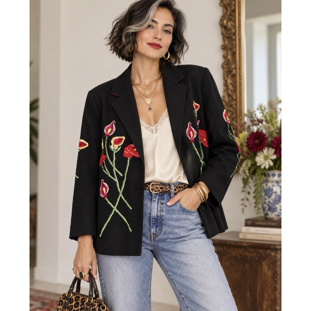 Vintage 90s Anage Floral Embroidered Blazer Women's L Black Cotton Calla Lily